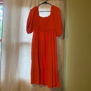 Puff sleeve orange linen dress